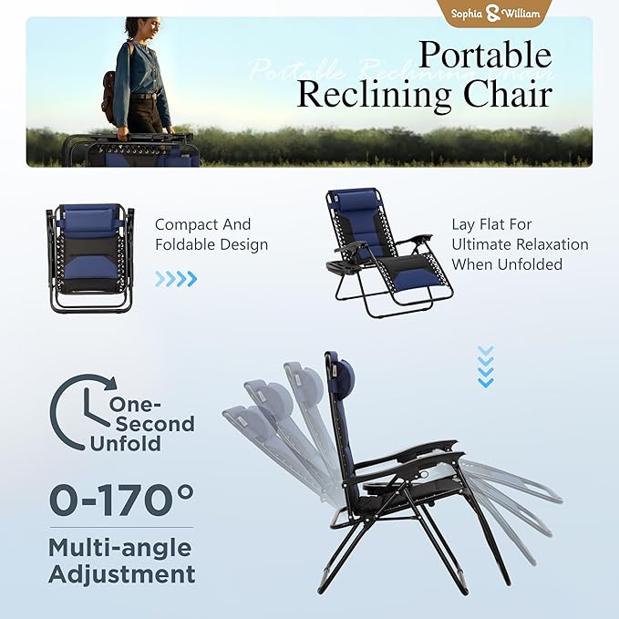 Sophia & William Oversized XL Zero Gravity Recliner Chair Set of 2 Padded, Folding Reclining Lounge Chair with Wide Armrest and Cup Holder, Support 400 LBS, Blue