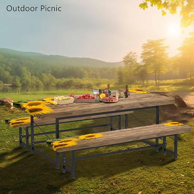 CAPSCEOLL Picnic Table Cover with Bench Covers Waterproof Camping Tablecloth All-Weather Outdoor Table Protector with Drawstring Bag for Camping Essentials, 72X30in, Wooden Sunflowers