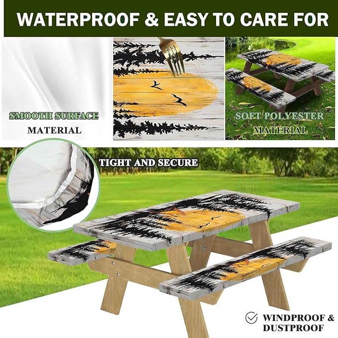 CAPSCEOLL Fitted Picnic Table Cover with Bench Covers with Elastic 6Ft Waterproof Camping Picnic Table Cover Cloths for Outdoors Tablecloth with Drawstring Bag, 72X30in, Camping on Wood