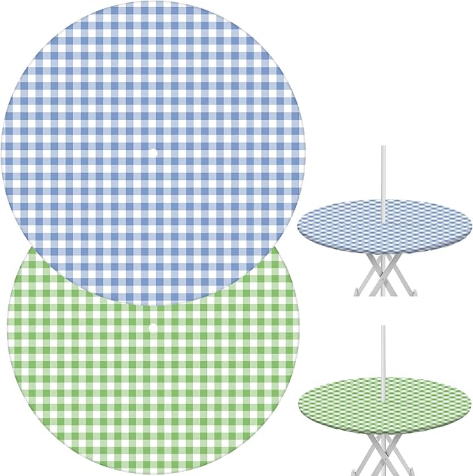 2 Pcs Round Outdoor Tablecloth with Umbrella Hole - Anti-Wrinkle Polyester Tablecloth with Elastic Zipper Table Cover for Summer Patio Camping Party(45''-53'',Plaid)