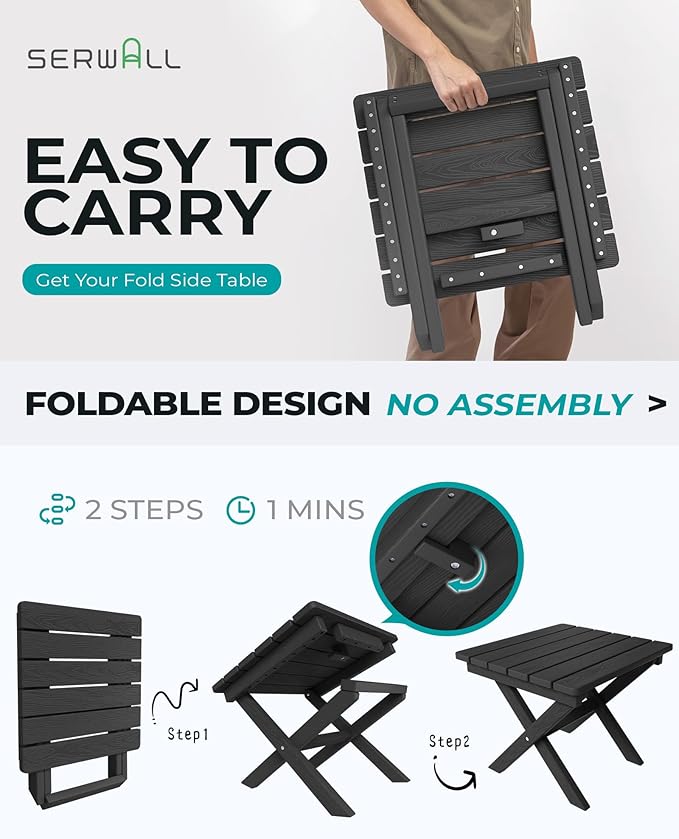 SERWALL Folding Outdoor Side Table, HDPE Adirondack Side Table, Portable Outdoor End Table, Black