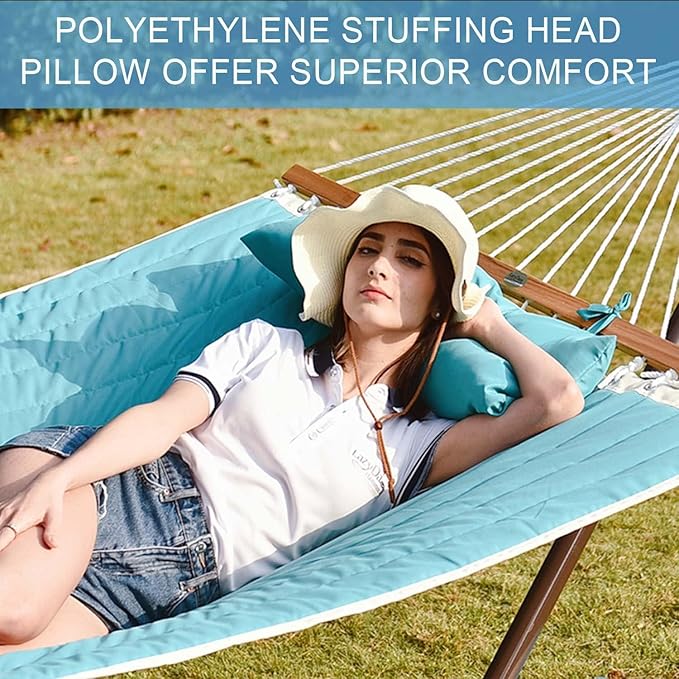 Lazy Daze Hammocks 12FT Quilted Fabric Double Hammock with Pillow, 2 Person Hammock with Spreader Bar for Outdoor Outside Patio Garden Yard Pool Beach (Blue)