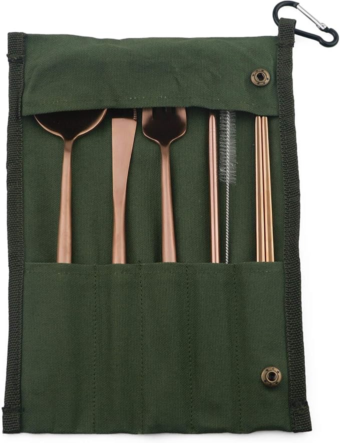 Portable 6 Pieces Flatware Set, 304 Stainless Steel Knife, Fork, Spoon, Chopsticks, Metal Straw, Cleaning Brush, Durable Travel Cutlery Set, Army Green Pouch Bag, Rose Gold