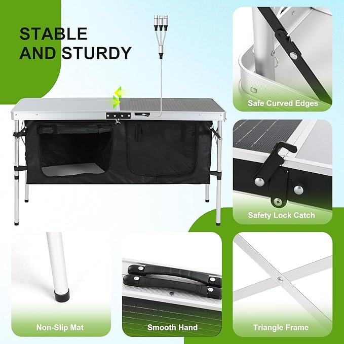 Nice C Camping Table, Storage Camping Table with Solar Panels, Storage Kitchen Tables, Folding Tables, 45W Output, w/USB, Type-C & DC Charging Cable, For Outdoor, Beach, BBQ, Picnic, Cooking, Festival