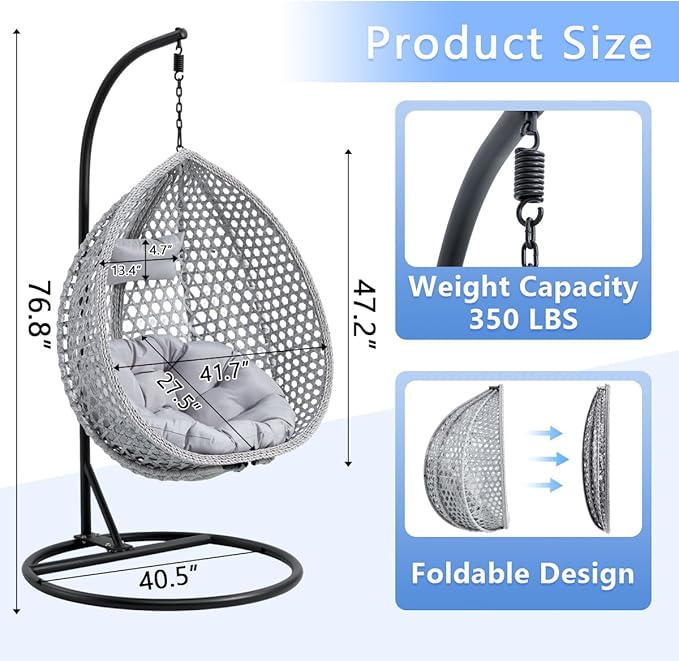 JUFU Egg Swing Chair with Stand,Hanging Egg Chair Indoor Outdoor,Hammock Hanging Basket Chair with Aluminum Steel Frame，Patio Egg Chair with Removable Cushions for Patio Balcony Backyard,Bedrooms