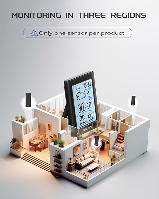 BALDR Weather Stations Wireless Indoor Outdoor,4.5 Inch Display Temperature and Humidity Monitor, Battery Weather Station with 330ft Range Sensor and Adjustable Backlight