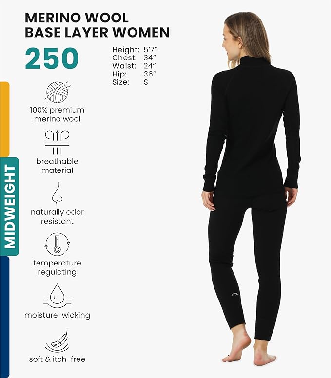 Merino.tech Merino Wool Base Layer Women Set - Heavyweight, Lite, Midweight Merino Thermal Underwear For Women Top, Bottom
