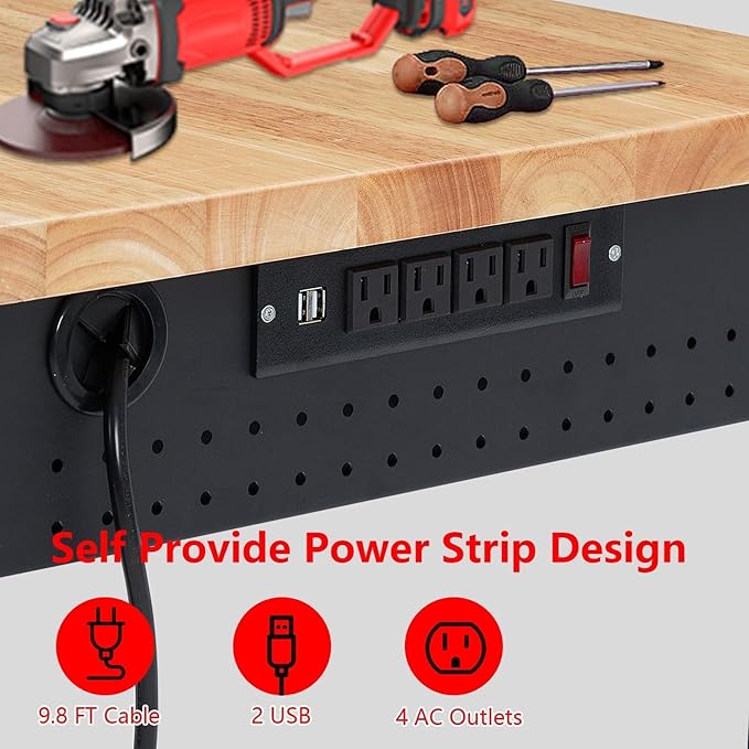 Adjustable Workbench,72" x 25" Heavy-Duty Rubber Wood Shop Table with 28.3-38.1 Inches Height Adjustment,2000 LBS Load Capacity,Garage Workbench with Power Outlets & Lockable Wheels