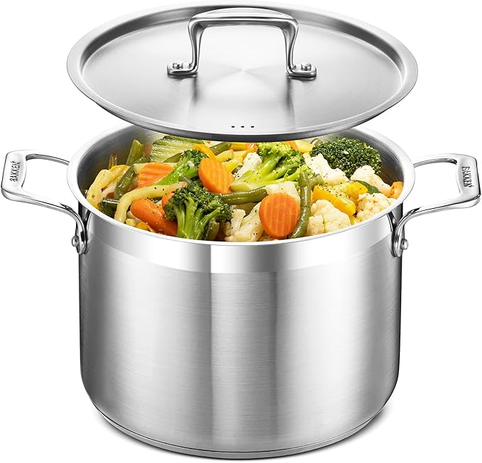 Stockpot – 8 Quart – Brushed Stainless Steel – Heavy Duty Induction Pot with Lid and Riveted Handles – For Soup, Seafood, Stock, Canning and for Catering for Large Groups and Events by BAKKEN