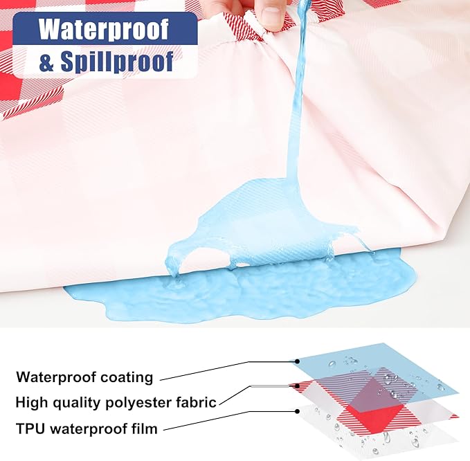 Smiry Picnic Table Cover with Bench Covers, Waterproof Elastic Fitted Tablecloths for 8 Foot Rectangle Tables, Washable Buffalo Plaid Tablecloth for Camping, Outdoor (Red & White, 30"x96")