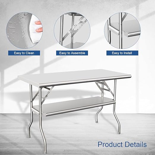 HARDURA Folding Stainless Steel Table 24X48 Inches with Adjustable Undershelf and Legs NSF Commercial Portable Folding Prep Table for Restaurant Kitchen Home and Hotel