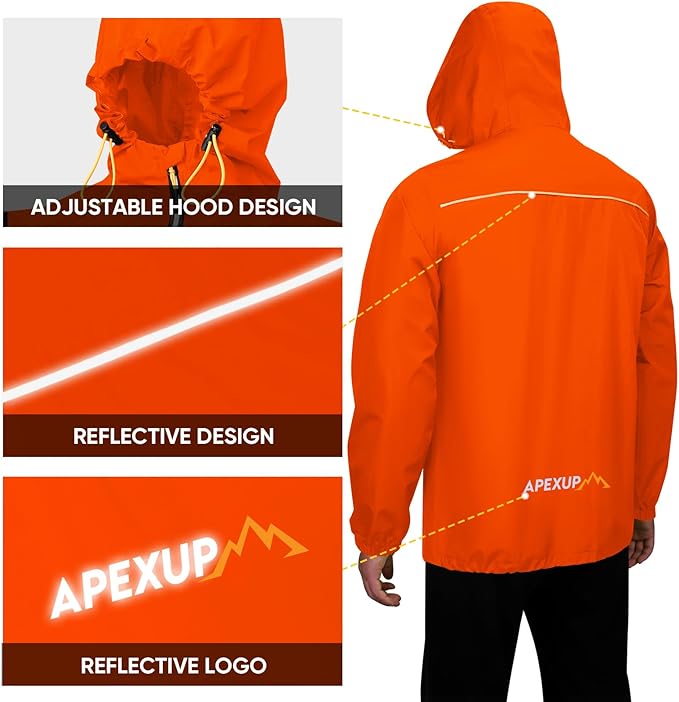 APEXUP Packable Rain Jacket Men with Reflective Zipper, Lightweight Waterproof Raincoat, Mens Rain Jacket for Outdoor Sports