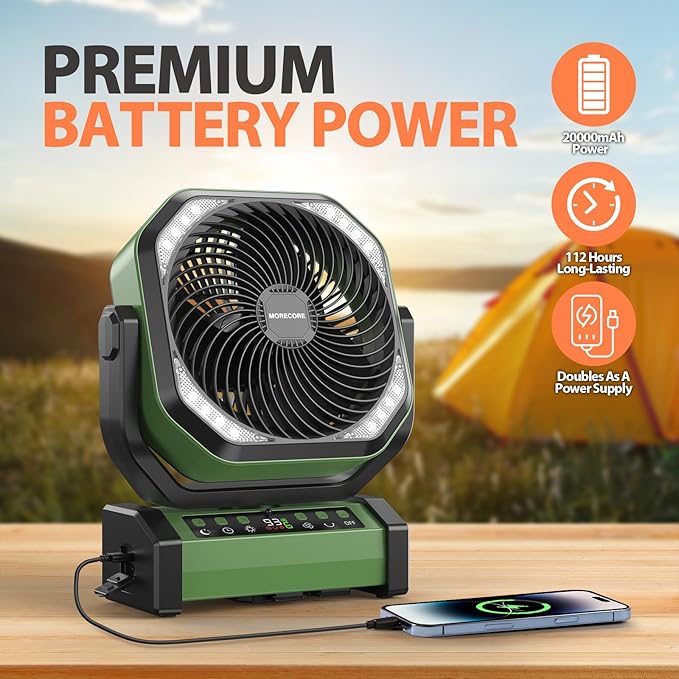 MORECORE 20000mAh Rechargeable Camping Fan with Light, 112HRS Running, 8-Speed, Auto Oscillating, Timer, LED Digital Display, 270°Pivot with Hook for Tent RV Emergency Garage-Army Green