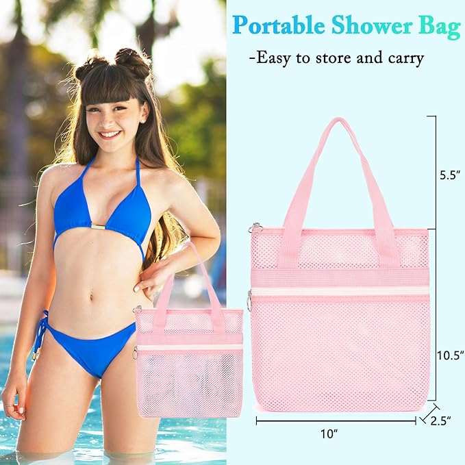 Mesh Shower Caddy Portable with Zipper & 2 Pockets - Quick Dry Shower Caddy Hanging for Travel Gym Camp Beach - Organizer Bag Bathroom Essentials for College Dorm