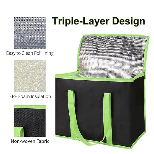 Bodaon 5-Pack Cooler Insulated Food Delivery Bag, Thermal Hot Pizza，X-Large Bags With Top Zippered for Grocery/DoorDash/Catering/Shopping, Large Cold Frozen Door Dash Accessories, Black-Green Edge