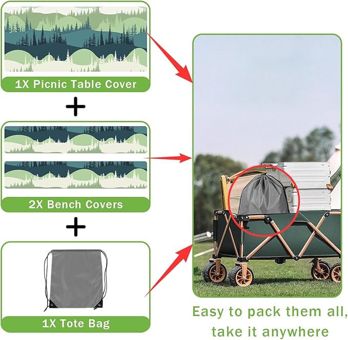 Picnic Table Cover with Bench Covers Tablecloth with Elastic Edges Waterproof Windproof Camping Essentials, Fitted Rectangle Tables and Seats, Drawstring Bag, 60in, Blue Green