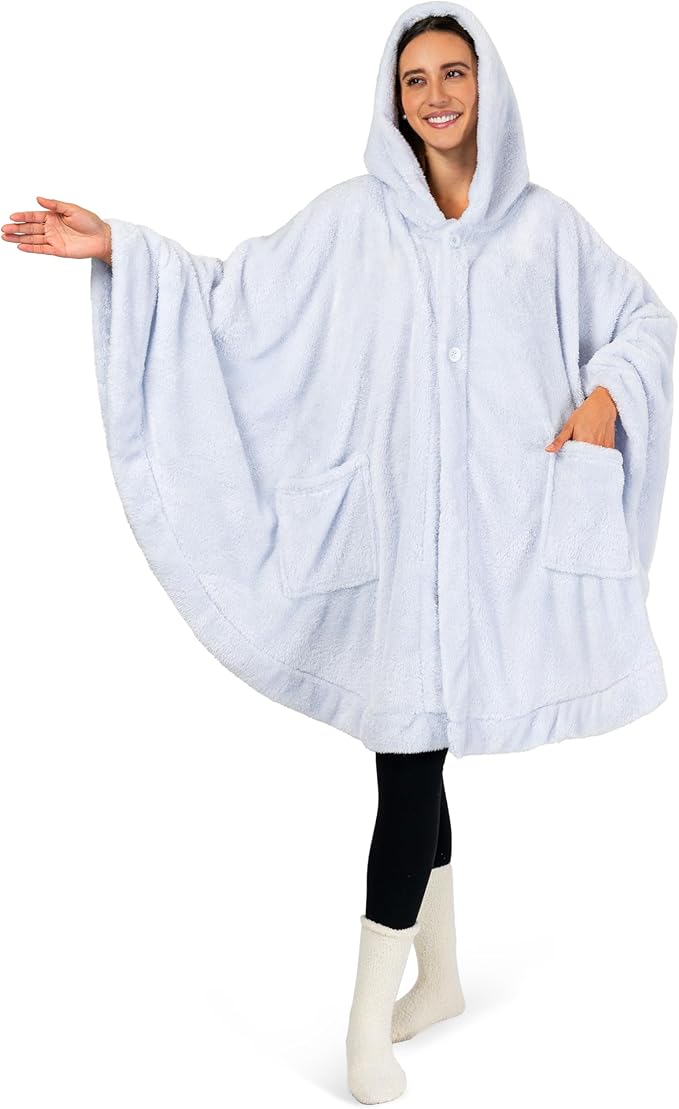 PAVILIA Angel Wrap Hooded Blanket Poncho, Wearable Blanket Throw Wrap Poncho for Women Adult, Cozy Fluffy Sherpa Fleece Shawl Cape with Hood pockets, Warm Gift for Mom Wife, Light Blue