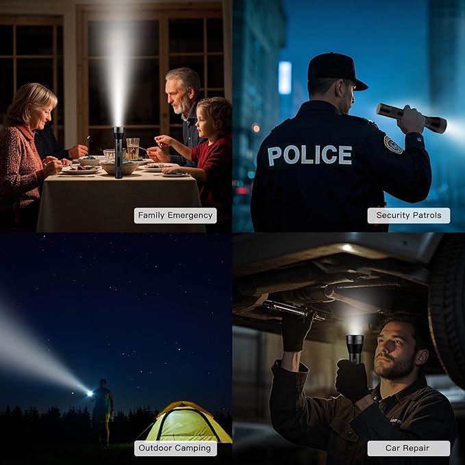 KunHe 2D Cell Battery Big Flashlights Single Mode High Lumens Aluminum Heavy Duty Large Flashlight for Home Emergency Power Outage Outdoor Activities