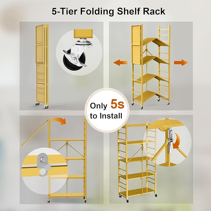 Storage Shelves with 20 Hooks, 5-Tier Foldable Shelves for Storage, Folding Shelf Unit Pantry Shelves with Wheels, Standing Shelving Unit for Kitchen Garage Home Office Room Greenhouse, Gold