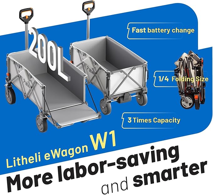 Litheli Electric Utility Wagon Cart, 200L Capacity, 300 lbs Load, Foldable Heavy-Duty Design with All-Terrain Wheels, Variable Speed Drive & Battery Power for Camping, Beach, Garden & Shopping