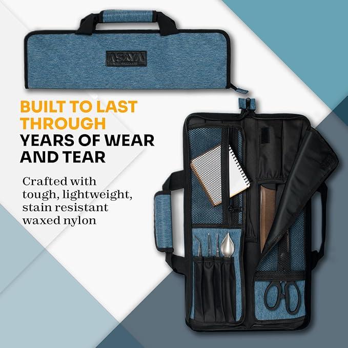 Asaya Chef Knife Roll Bag - 12 Pockets for Knives and Kitchen Utensils - Lightweight, Durable, and Stain Resistant Nylon - Perfect for the Traveling Chef - Knives not Included