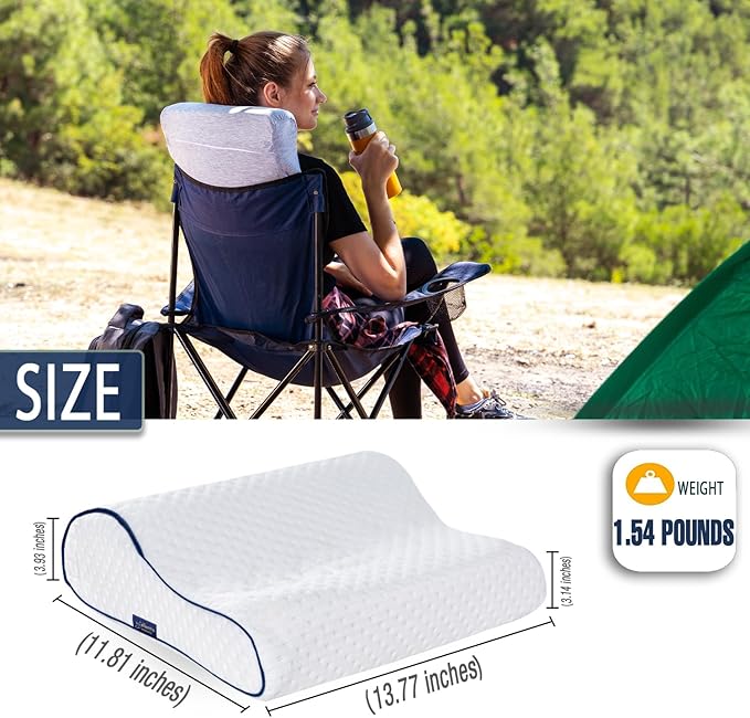 Memory Foam Pillow for Travel and Camping with Extra Cotton Cover – Easy to Carry Portable Bag (White Contour)