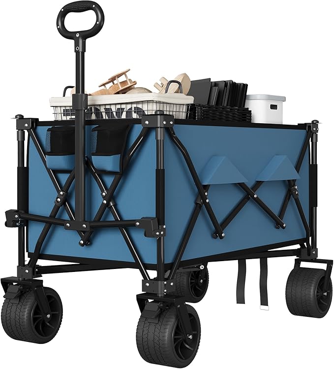 Heavy Duty Foldable Wagon for Beach, Extra Large Collapsible Foldable Wagon for Camping, All Terrain Beach Wagons Extended with Cup Holders for Sand