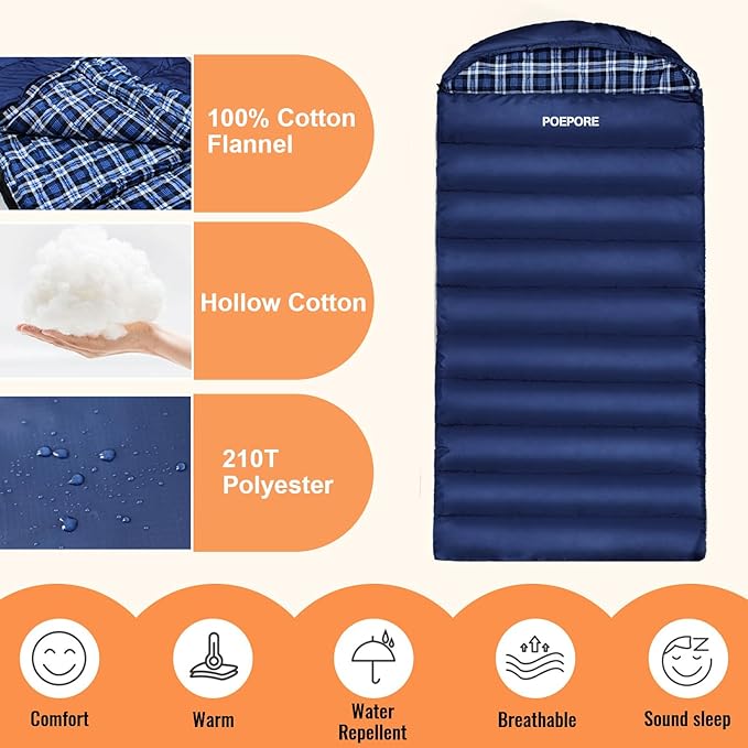 0 Degree Sleeping Bag 100% Cotton Flannel XXL Cold Weather Winter Oversized Sleeping Bag for Adults Camping Zero Degree Big and Tall with Compression Sack