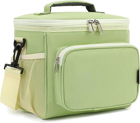 FlowFly Insulated Reusable Lunch Bag Adult Large Lunch Box for Women and Men with Adjustable Shoulder Strap,Front Zipper Pocket and Dual Large Mesh Side Pockets,Light Matcha