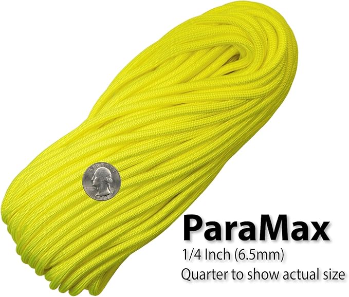 1/4" ParaMax Paracord 100 ft – 1000 lb Type IV Rope for Dog Leashes, Camping, Kayak Anchor - Made in USA - Neon Yellow