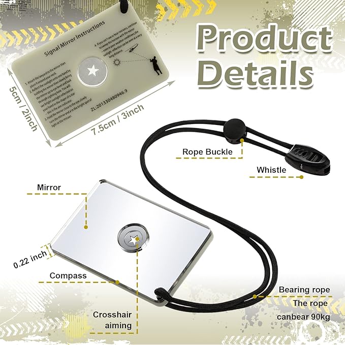 Ferraycle 5 Pieces Signal Mirror Survival Reflective Mirror with Lanyard Compass Whistle Outdoor Emergency Rescue Reflective Signal Star Flash Tool for Hiking Camping Backpacking Emergency Situations