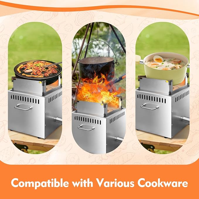 Portable Wood Camping Stove with Turbo Fan – 20-Second Quick Ignition, Adjustable Flame for Outdoor Cooking & BBQ, Burns Wood, Nut Shells, Dry Grass, Leaves & Biomass