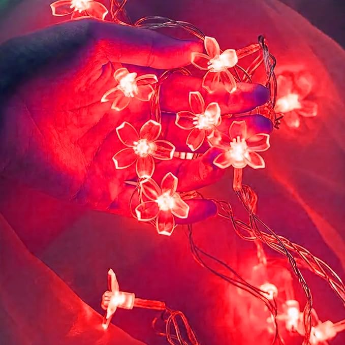 Battery Lighted & USB Plug in Fairy Flower String Lights, 9.8 ft 30 LED Cute Cherry Blossom Lights with Timer Indoor Bedroom Party Wedding Christmas Easter Tree Branch Hanging Decorations (Red)