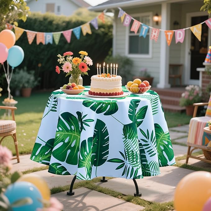 Poise3EHome 60 inches Outdoor/Indoor Waterproof Tropical Round Tablecloth Green for Camping Picnic Party Patio Table Spring, Palm Leaf