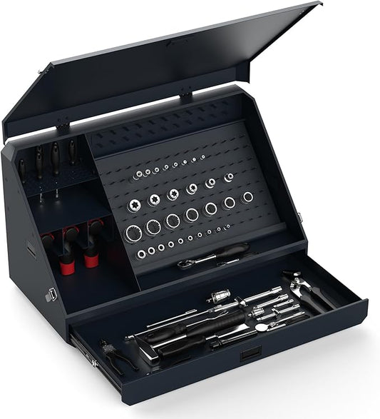 Portable Weather-Resistant Triangle Steel Toolbox with Lock, 16-Gauge Multi-Tier SAE & Metric Chest, Pull-Out Drawer for Truck, 36.8"W x 17.5"D x 21.6"H