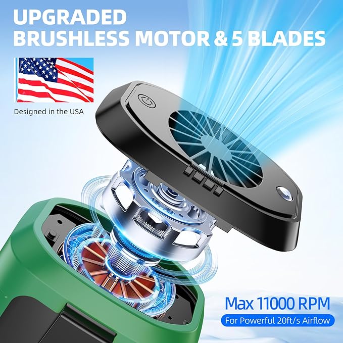 Zeadio Portable Waist Clip Fan, 3 Speeds 10000mAh Operated Hands-free Wearable Necklace Fan, with lighting function for Hot Flashes Home Office Travel Outdoor Sports - Green