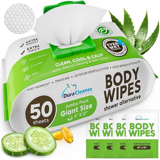 Body Wipes for Women, Extra Moist No Rinse Bathing Wipes - 50 XL Shower Cloths + 4 Travel Size Bath Sheets - 9"x12" After Gym & Post Workout Deodorant, Disposable Washcloths, Womens Hygiene Essentials