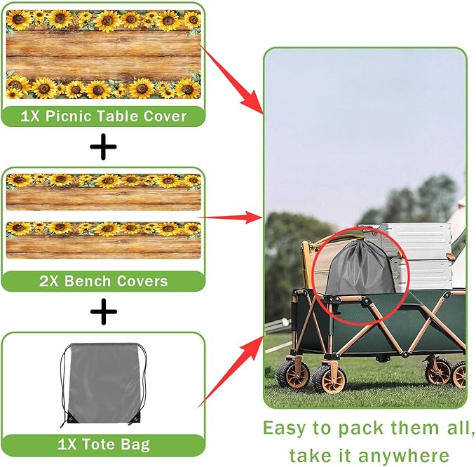 Picnic Table Cover with Bench Covers, Sunflower Wood Grain Pattern Elastic Edges, Waterproof Windproof Fitted Tablecloth, for Outdoor Camping Patio Garden, Includes Drawstring Bag, 72 in