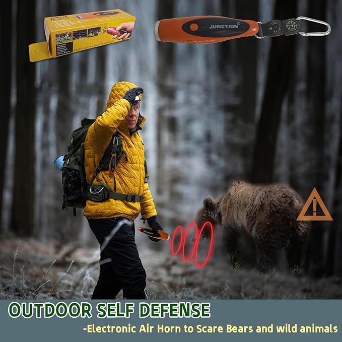 120dB Electronic Air Horn with Compass & Thermometer, Bear Horn to Scare Bears, Loud Air Horn for Safety Hiking Camping Emergency Self Defense, Electronic Whistle Bear Bells for Hiking (Orange)
