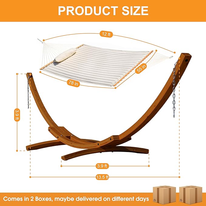 Lazy Daze Hammocks 12 FT Double Quilted Fabric Hammock and 13 FT Brown Wooden Arc Stand, with Spreader Bar, Removable Pillow, 2 Person Hammock for Outdoor Patio Poolside, 450 lb Capacity, Brown