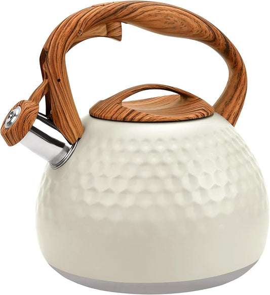GGC Tea Kettle for Stove Top, Loud Whistling Kettle for Boiling Water Coffee or Milk, 3.1 Quart 3L Heavy Stainless Steel White Kettles with Wood Pattern Handle, Unique Button Control Kettle Outle