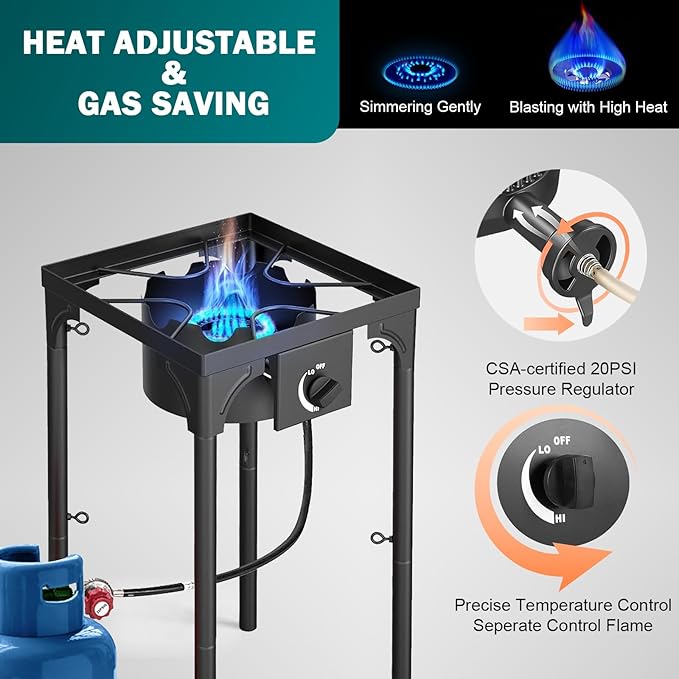 Single Burner Propane Stove, 75,000 BTU/hr, High Pressure Outdoor Propane Burner with 0-20 PSI Regulator and 4ft Hose, Gas Stove for Patio Backyard Camping with Detachable Stand Legs