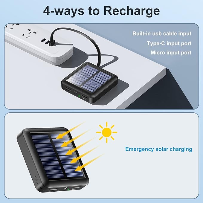 Solar Power Bank 12000mAh,Small Solar Charger Built in 4 Cables,USB C Input/Output,Dual Flashlight External Battery Portable Charger Power Bank for iPhone,Tablet,Samsung