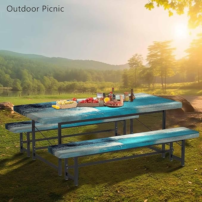 CAPSCEOLL Picnic Table Cover with Bench Covers 8Ft Waterproof Fitted Camping Tablecloth All-Weather Outdoor Table Protector with Drawstring Bag for Camping Essentials, 96X30In, Blue White