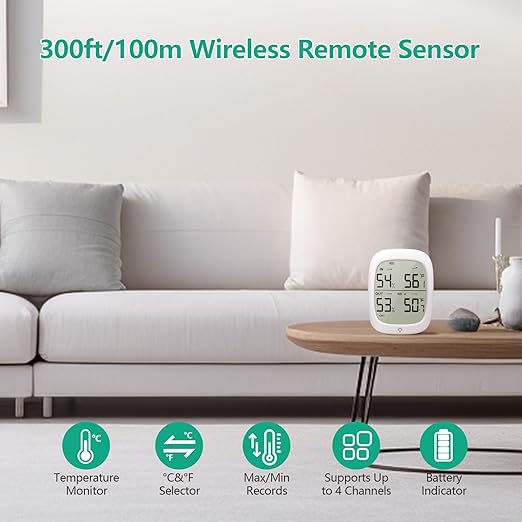 Indoor Outdoor Thermometer Wireless, Outside Digital Thermometer Humidity with IP66 Waterproof Sensor, LCD Backlight, Max/Min Trend, Wireless Humidity Gauge for Home Room Greenhouse,Patio