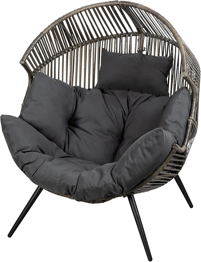 JAMFLY Egg Chair Wicker Outdoor Chairs, Oversized Patio Chair Oversized Lounger Chair with Cushion for Indoor Living Room, Bedroom, Outside Patio Backyard Balcony, Dark Gray