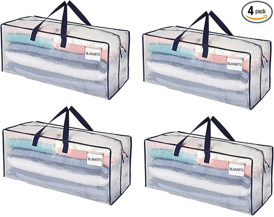 VENO 4 Pack Moving Bags w/Backpack Straps, Heavy Duty, Moving Boxes Alternative, Packing Supplies, Large Storage Totes for Dorm Room Essentials with Zipper for Clothes (Clear, 4 Pack)