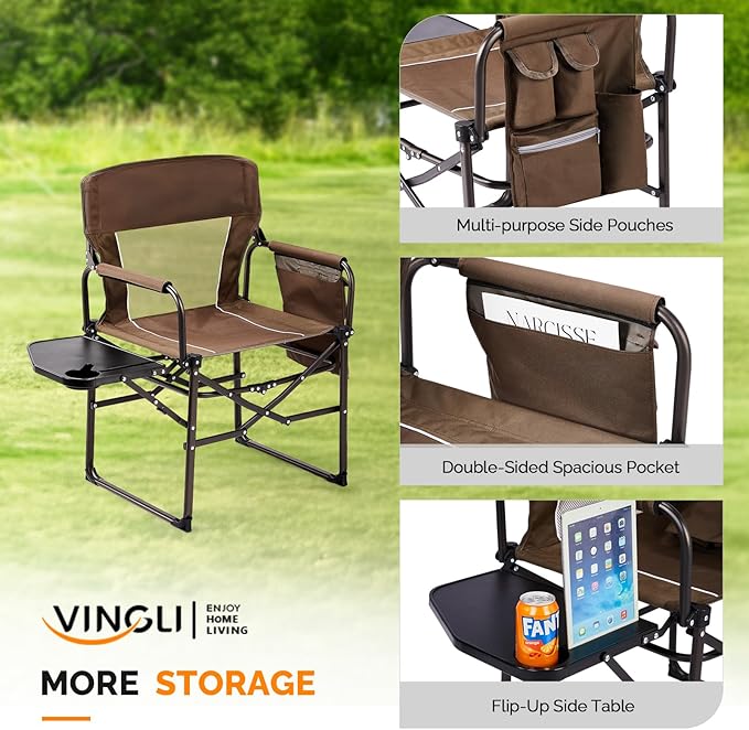 VINGLI Camping Chairs, Directors Chair, Camping Chair with Side Table & Carry Bag，Heavy Duty Camping Chairs for Adults, Portable Folding Camping Chair, Pocket for Beach, Fishing,Trip,Picnic,Lawn-Brown