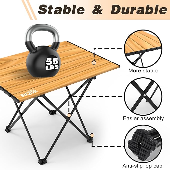 Portable Camping Table, Compact Camping Side Table with Carrying Bag, Ultralight Aluminum Beach Table Folding for Hiking, Camping, Picnicking, BBQ, Outdoor Cooking (Wood Medium 22")