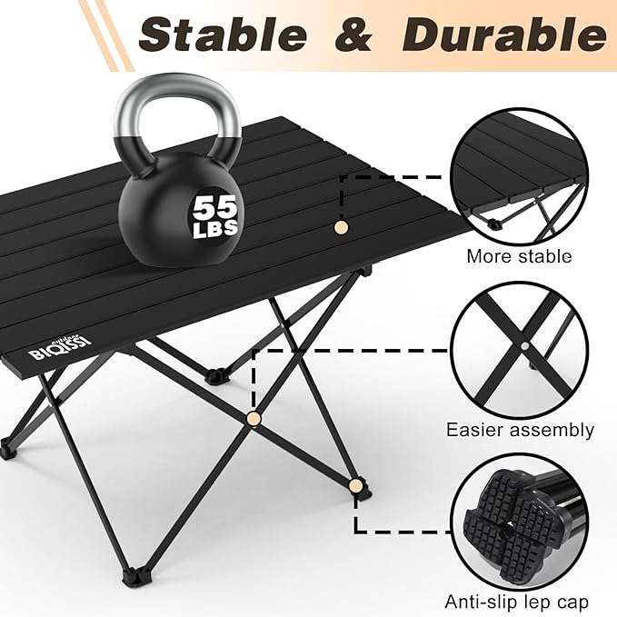 Portable Camping Table, Compact Camping Side Table with Carrying Bag, Ultralight Aluminum Beach Table Folding for Hiking, Camping, Picnicking, BBQ, Outdoor Cooking (Black Large 27")